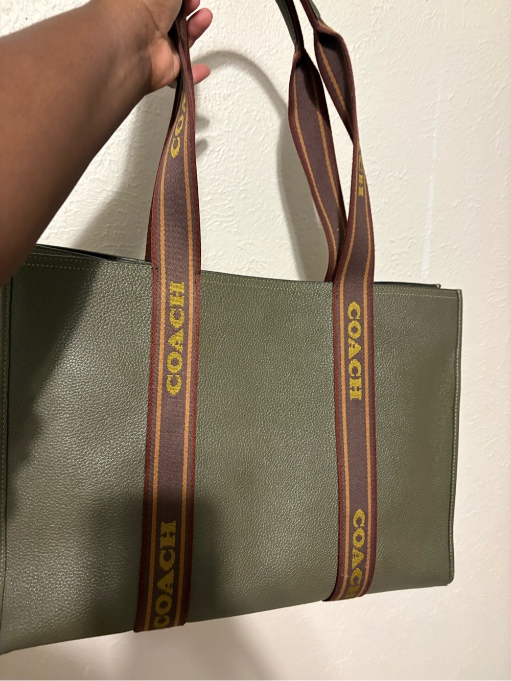 Coach Olive Green Leather Tote with Brown and Yellow Branded Straps